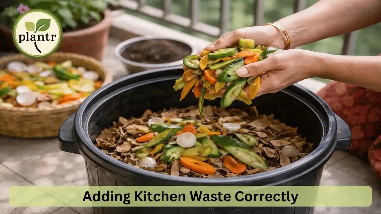 Adding vegetable peels into a compost bin during home composting
