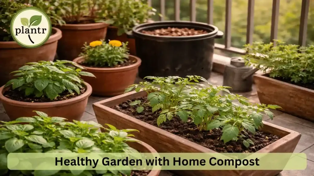Home garden plants growing well using homemade compost
