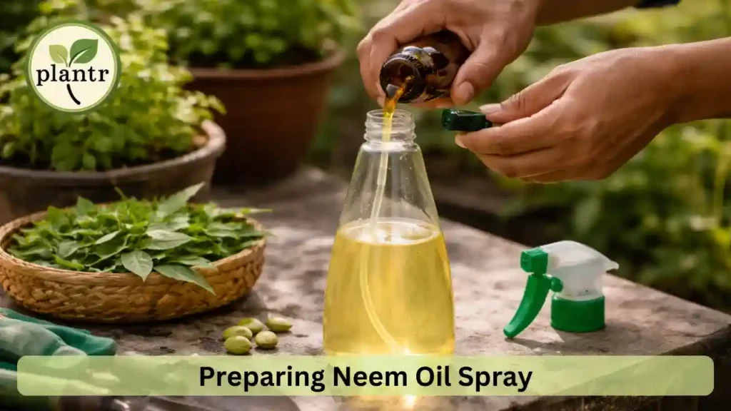 Mixing neem oil spray for plants in a home gardening setup