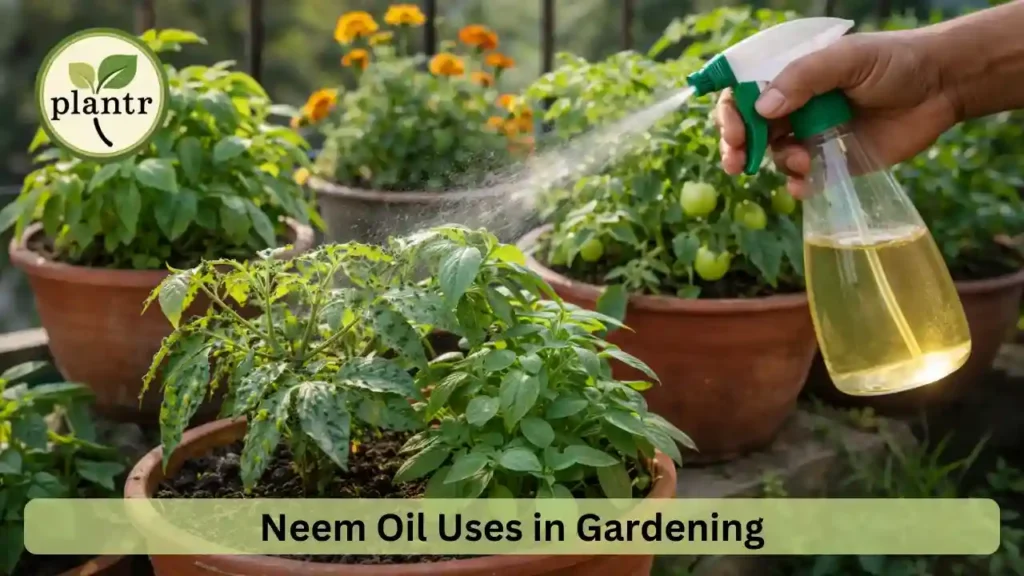 Neem oil spray being used on plants to manage common garden pests