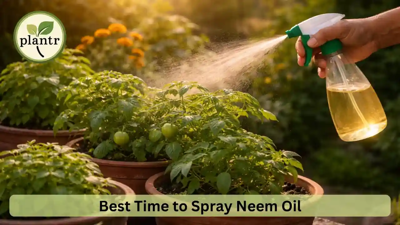 Neem oil spraying on plants during early morning hours in a garden