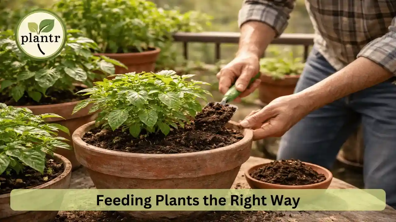 Using organic fertilizer in home garden pots for healthy plants