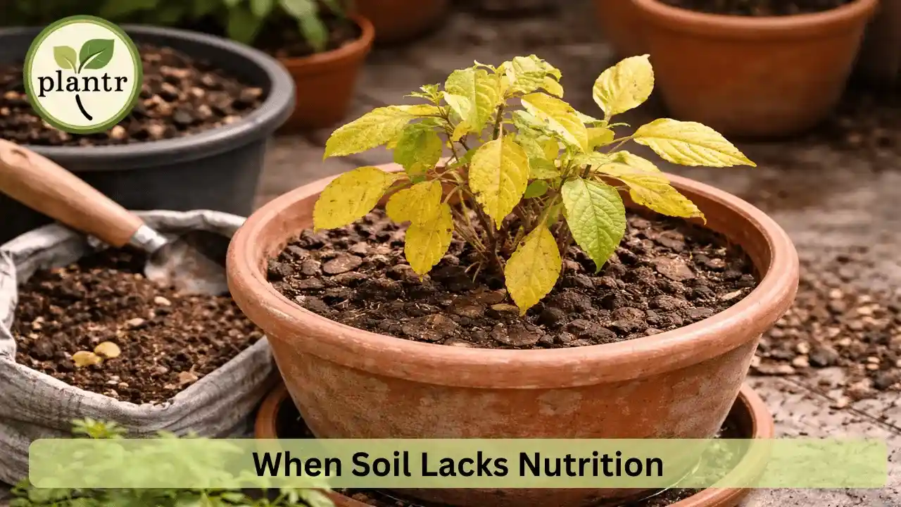 Yellow leaves on plants caused by nutrient deficiency in soil