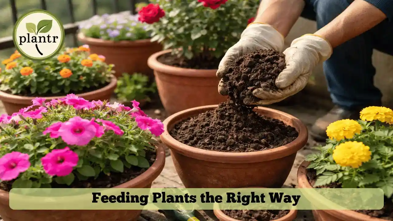 Applying fertilizer to flowering plants in pots at home garden