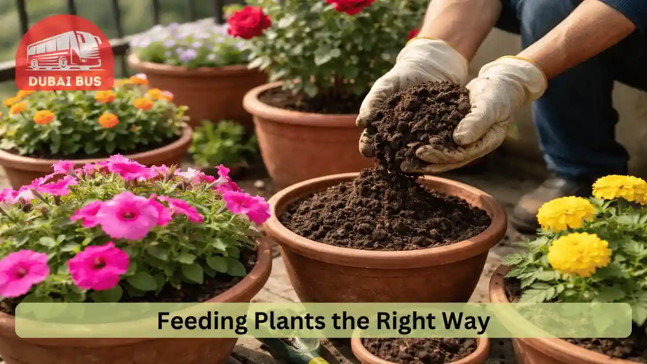 Applying fertilizer to flowering plants in pots at home