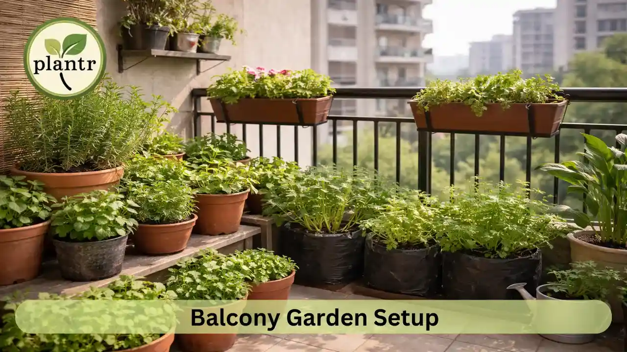 Balcony garden setup with herbs and small vegetable plants in containers