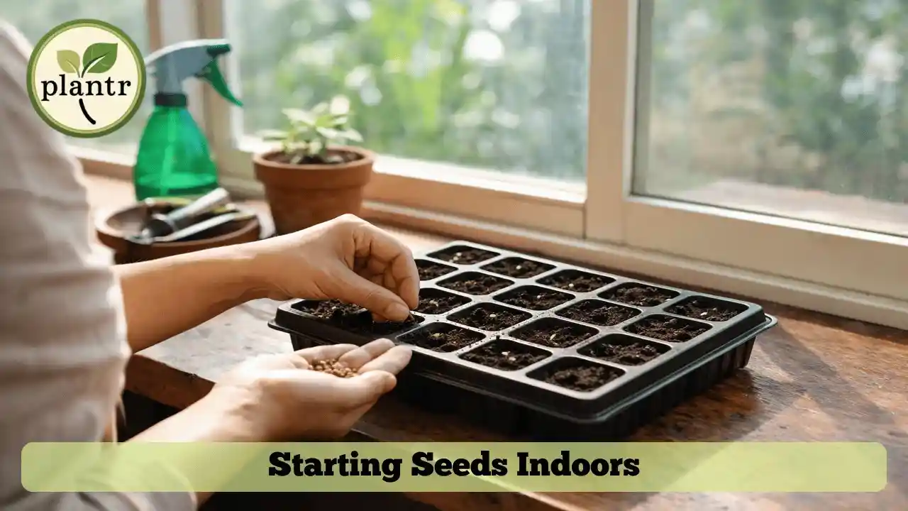 Beginner starting seeds indoors in seed trays near a sunny window