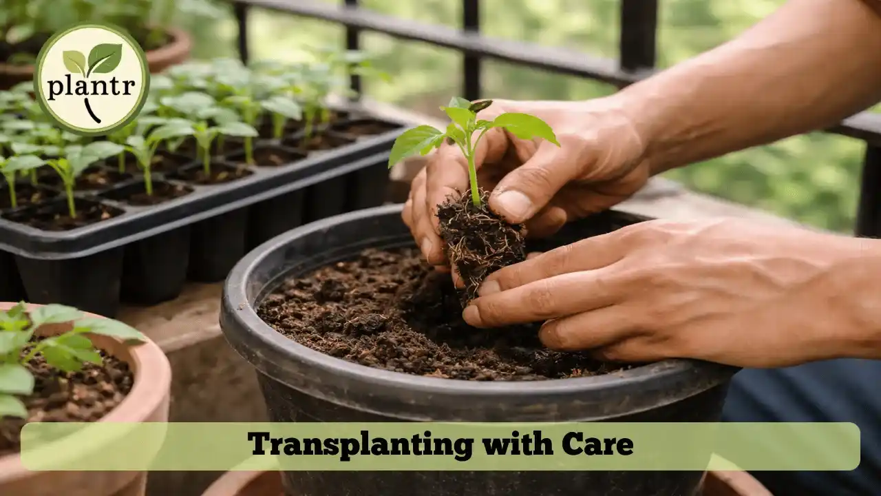 Carefully transplanting tomato seedlings into larger containers in a home garden