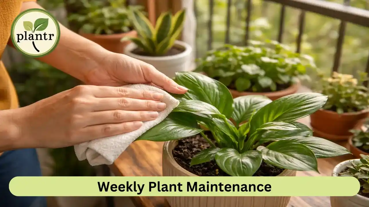 Cleaning plant leaves for weekly plant maintenance in home garden