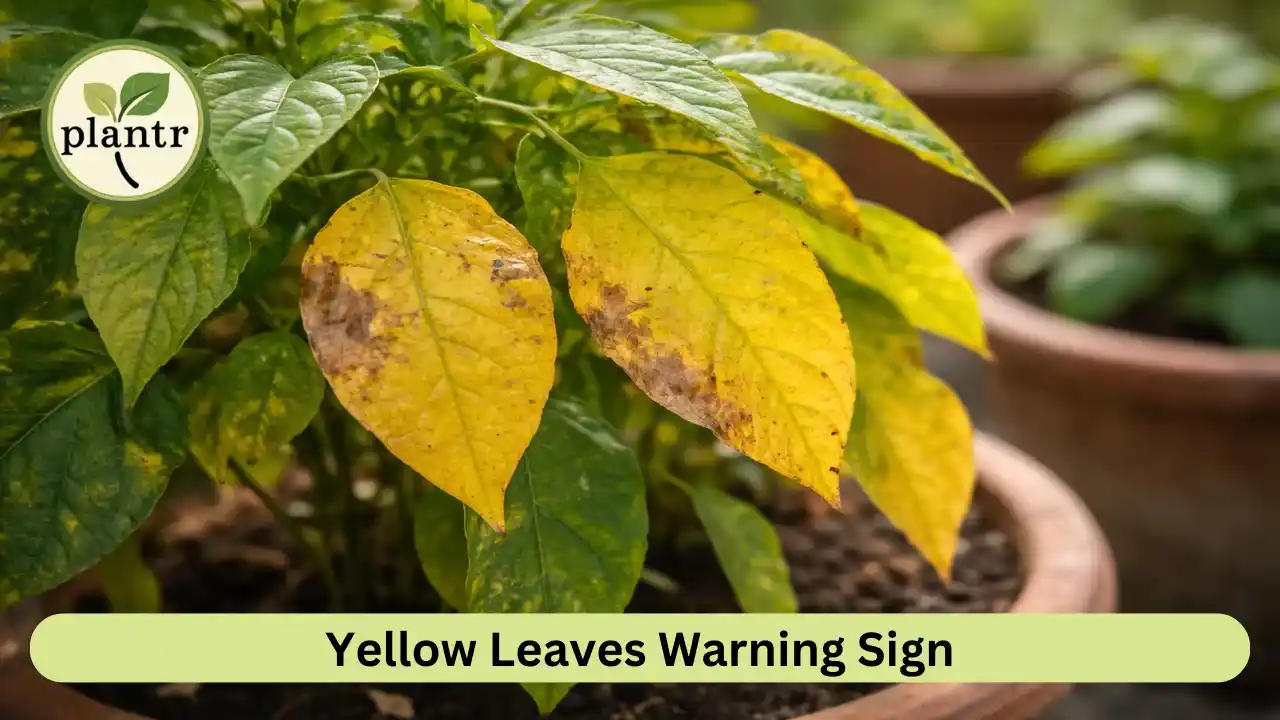 Close-up of plant leaves turning yellow due to possible nutrient deficiency