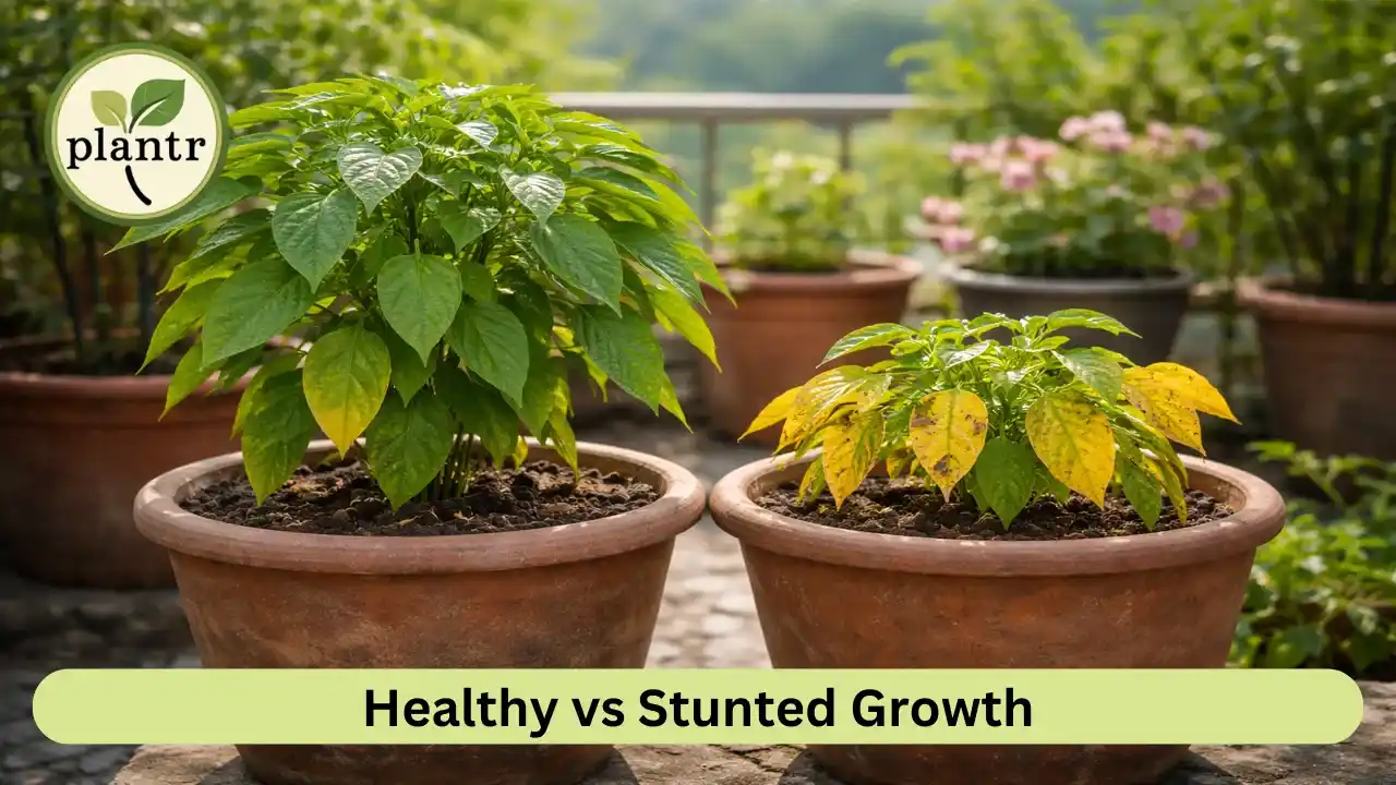 Comparison showing slow plant growth caused by nutrient deficiency in container gardening