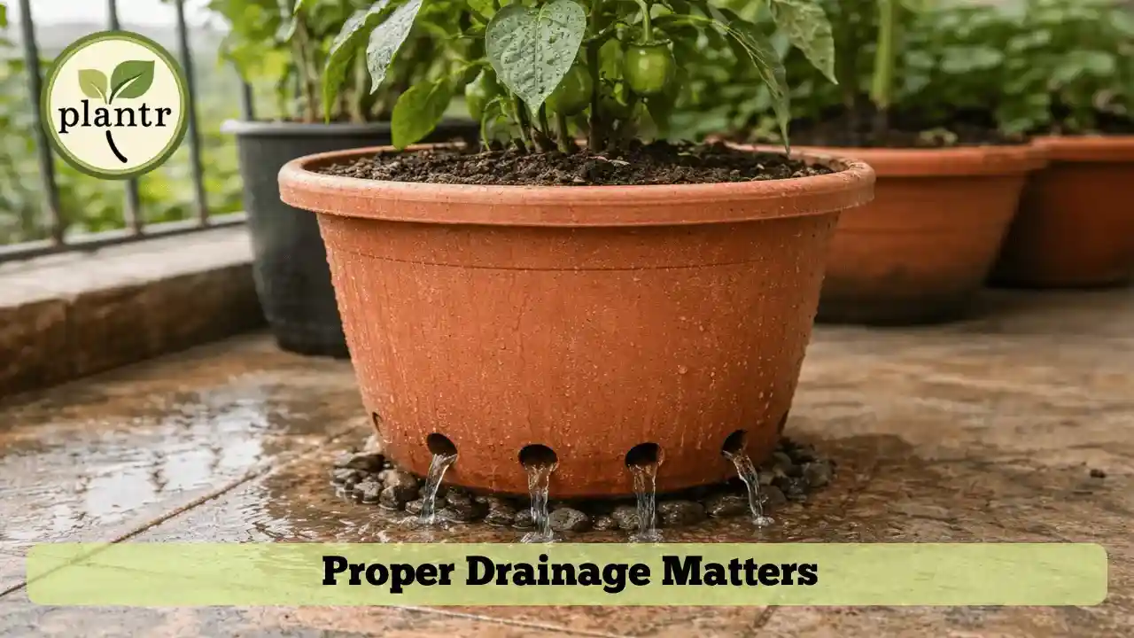 Drainage system in pot for healthy vegetable container gardening soil