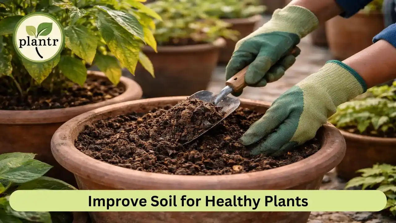 Gardener adding compost to improve soil fertility and prevent nutrient deficiency in plants