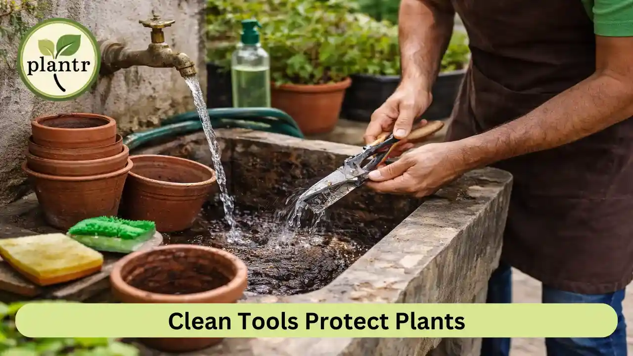 Gardener cleaning pruning tools and pots to avoid spreading fungal diseases in plants
