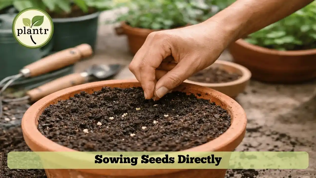 Gardener sowing vegetable seeds directly into container soil for home gardening
