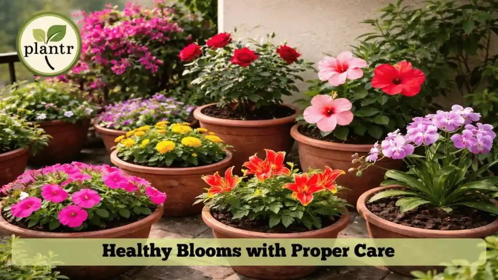 Healthy flowering plants grown with proper fertilizer care in home garden