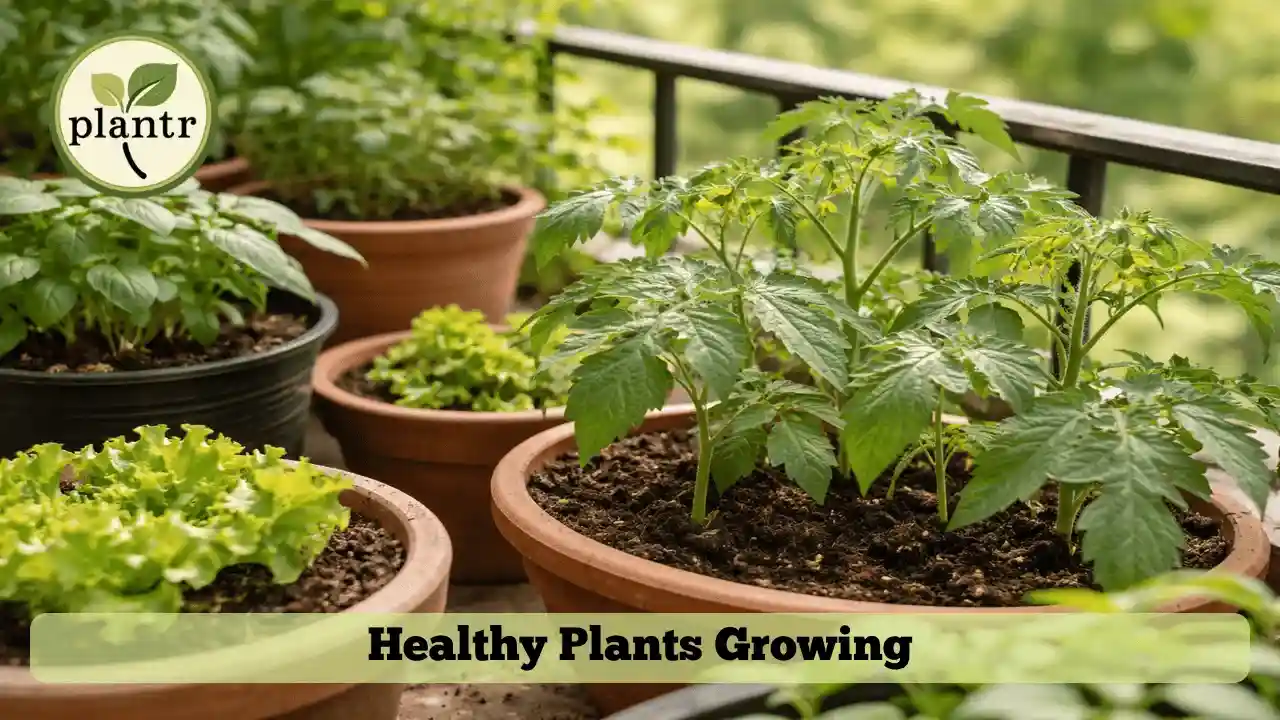 Healthy vegetable plants growing in containers after direct sowing and transplanting