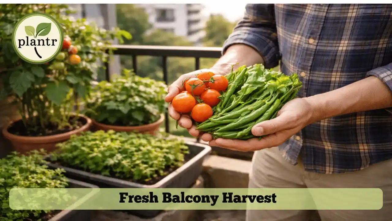 Homegrown vegetables harvested from balcony kitchen garden
