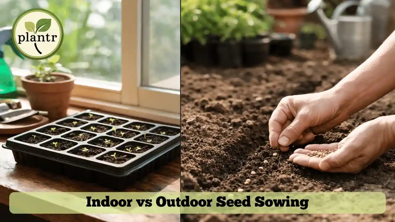 Indoor vs outdoor seed sowing comparison showing seed trays inside and direct sowing in garden soil