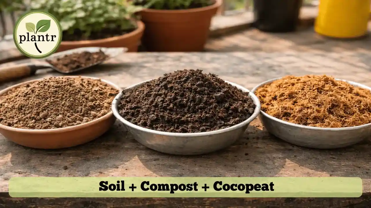 Ingredients used in homemade potting mix for vegetables including soil compost and cocopeat