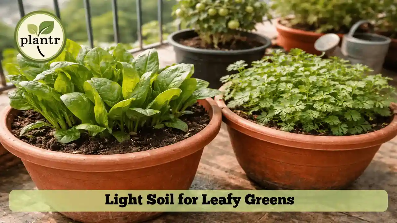 Leafy vegetables growing in light potting mix for vegetables in containers