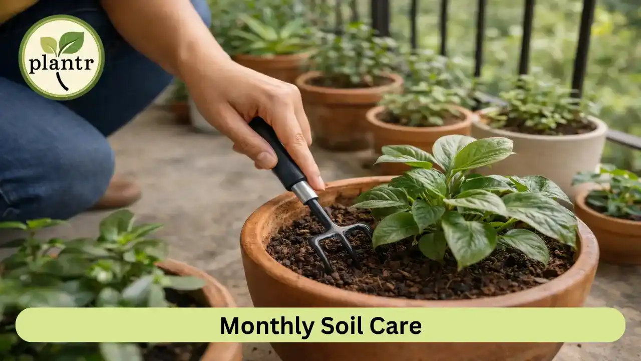 Loosening pot soil during monthly plant care routine for healthy root growth