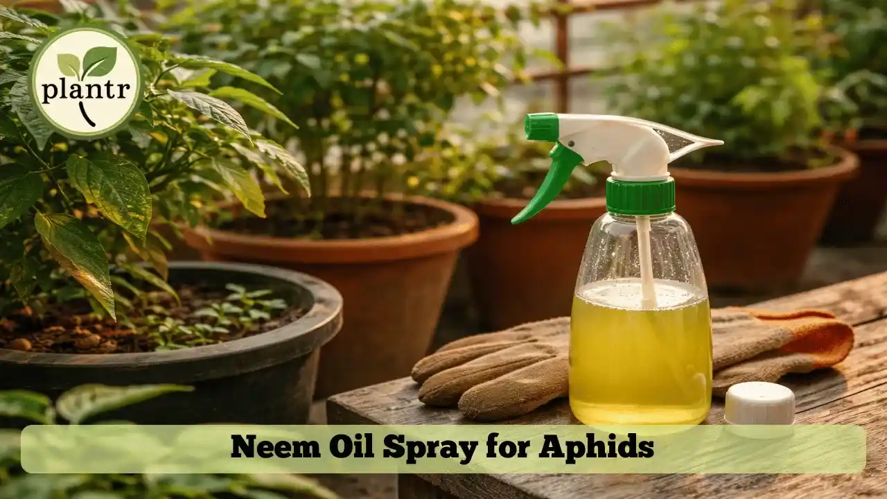 Neem oil spray bottle used for natural aphid treatment in home garden