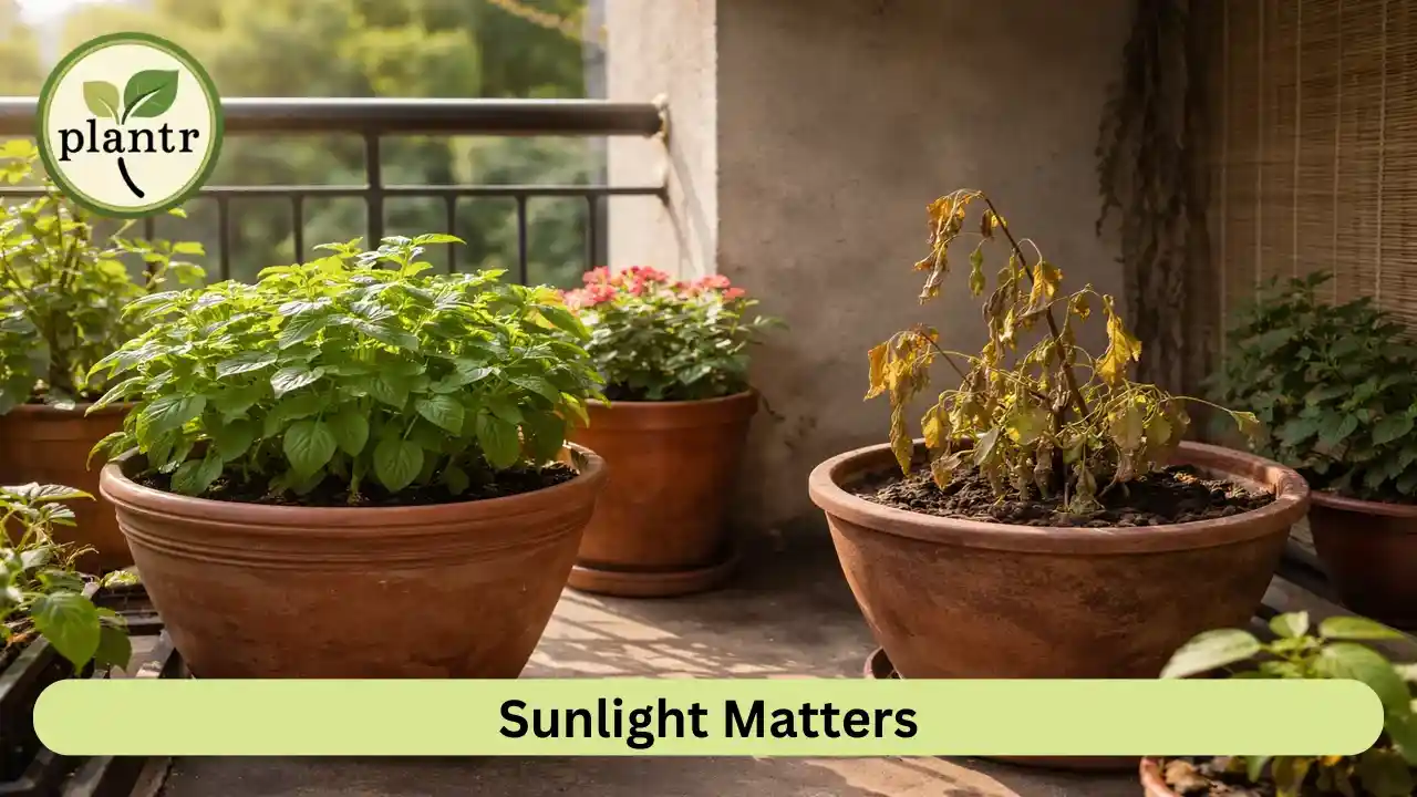 Plants growing in different sunlight conditions showing common beginner gardening mistakes