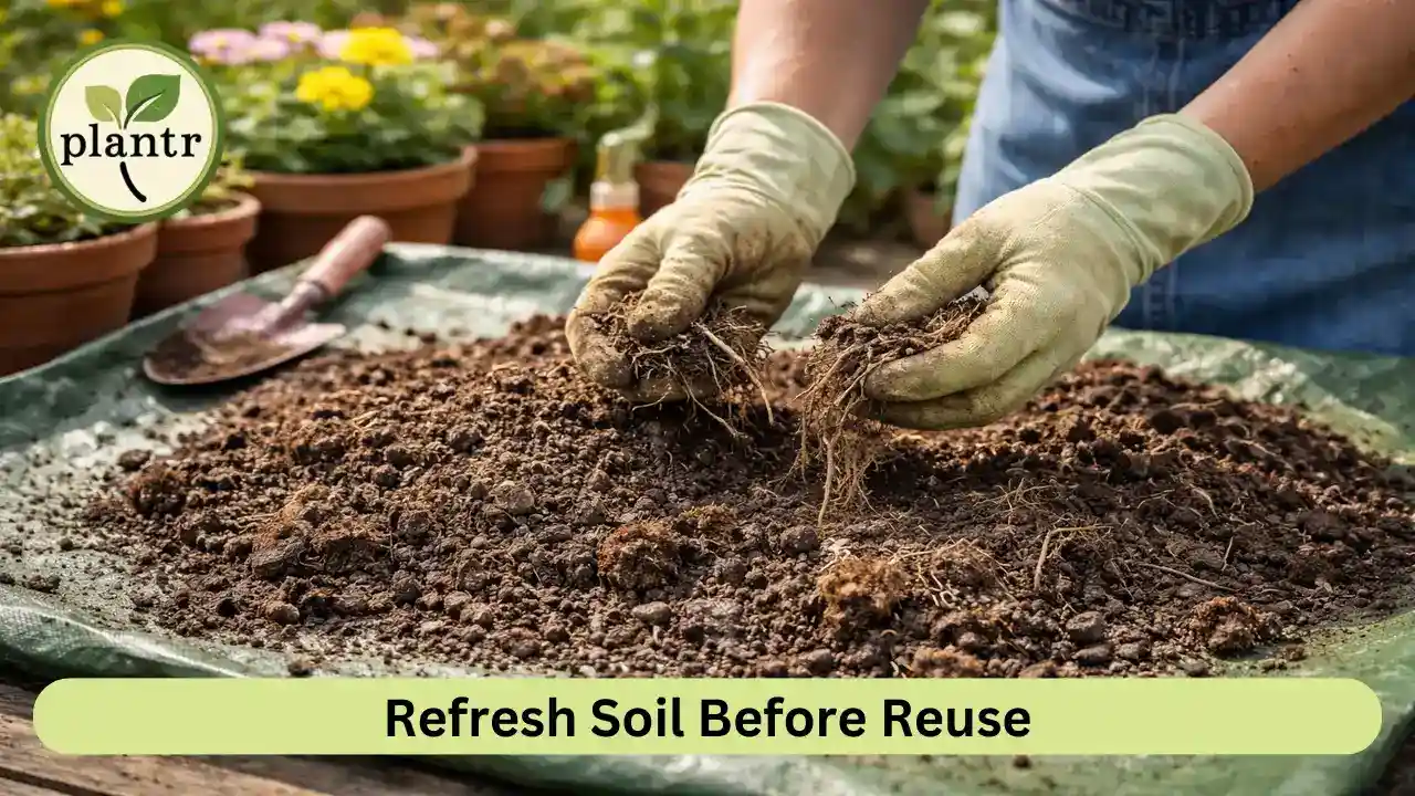 Reusing old potting soil safely by cleaning and sun drying before planting