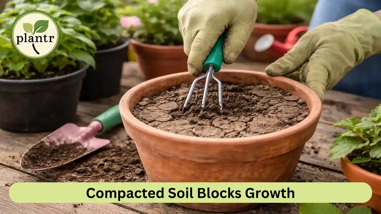 Soil compaction in plant pots restricting root growth and air circulation