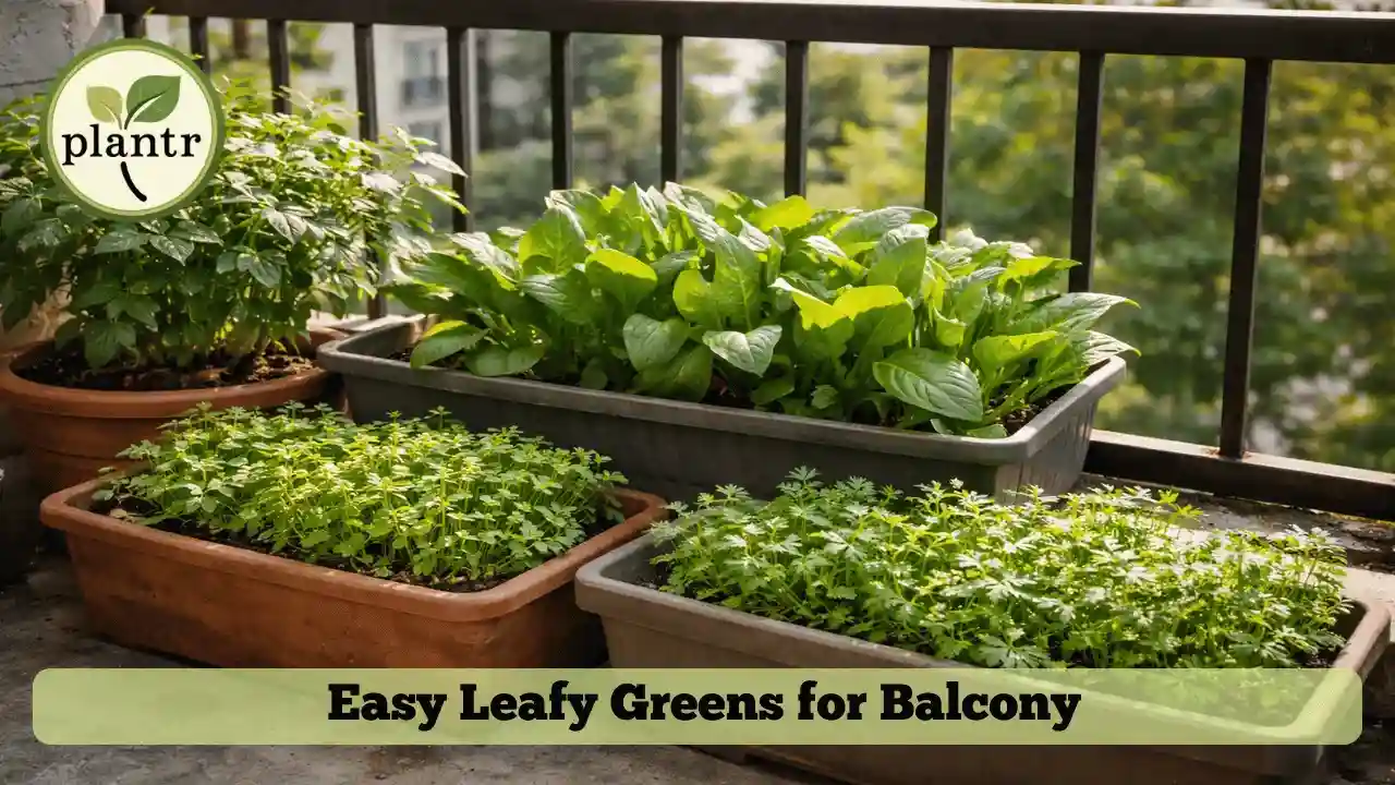 Spinach and coriander growing in containers for small space vegetable gardening