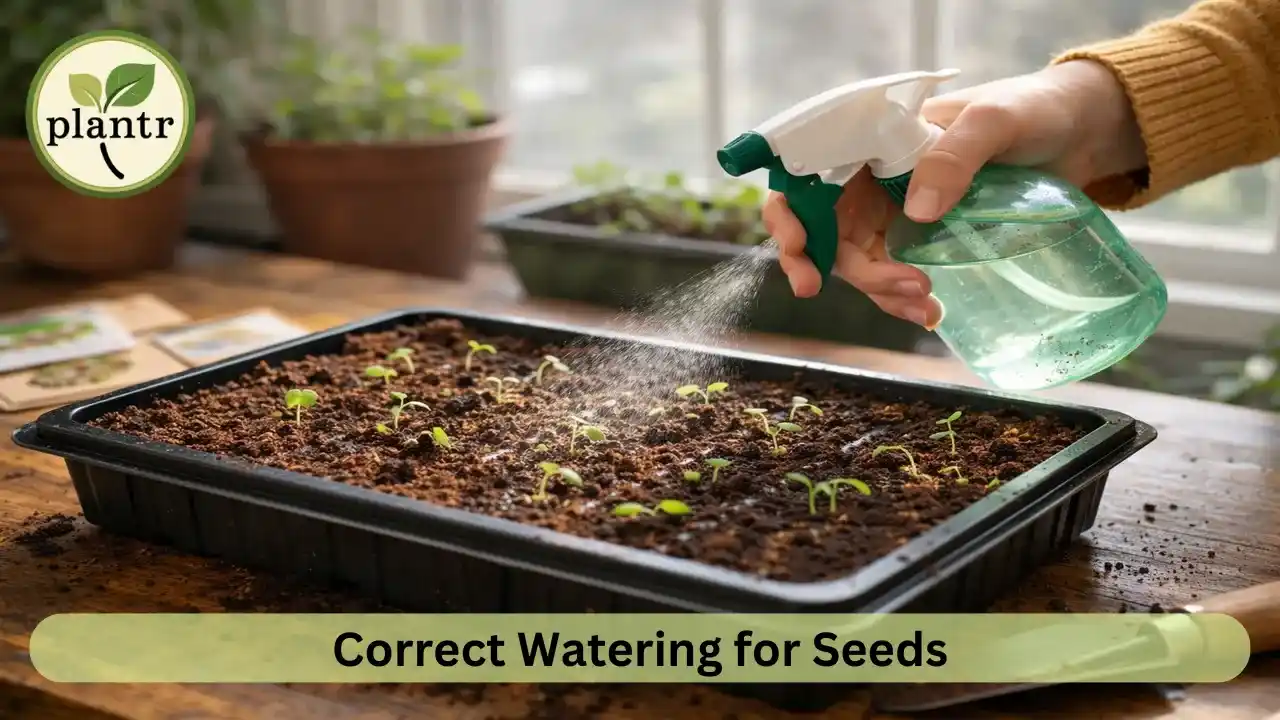 Spray watering method for seed germination using cocopeat potting mix in tray
