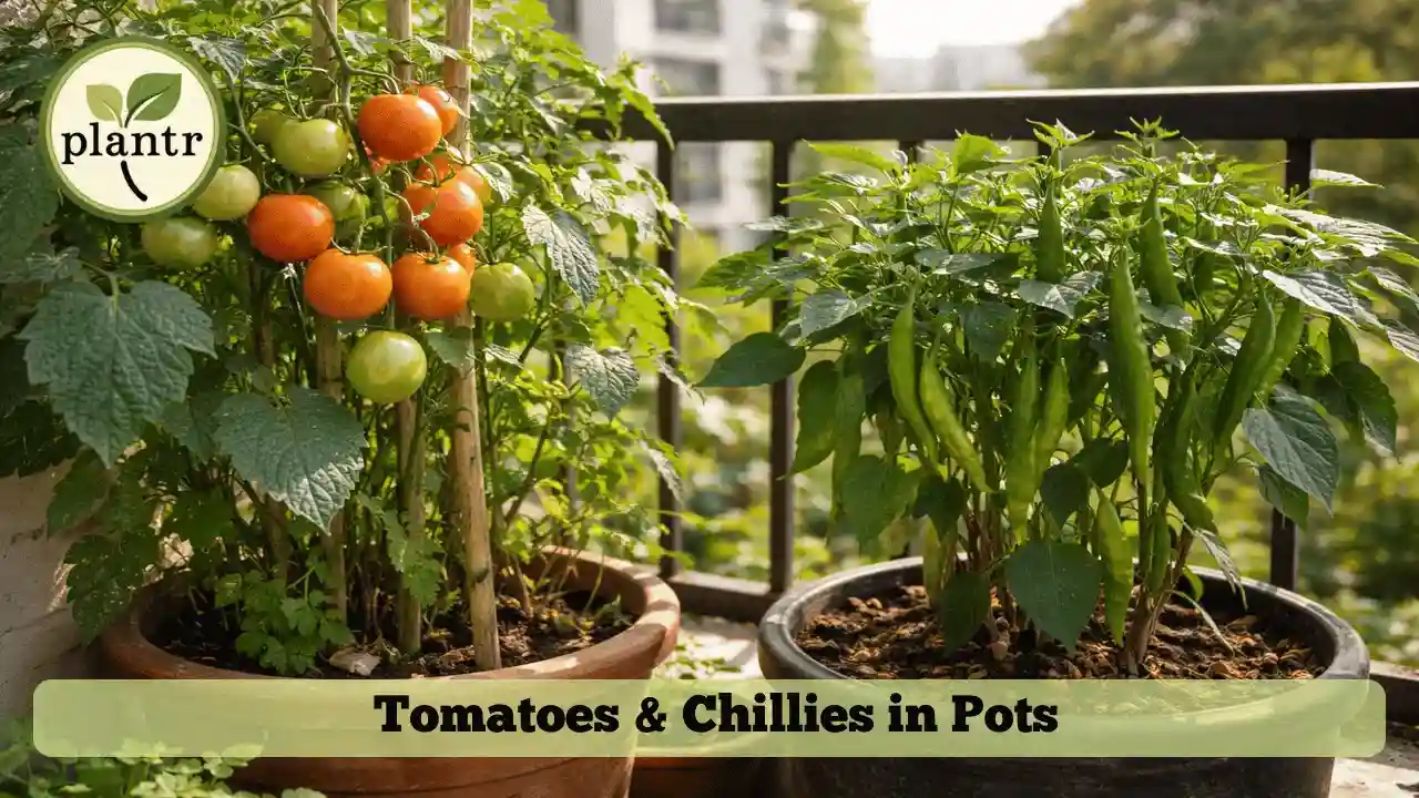 Tomato and chilli plants growing in pots for balcony vegetable gardening