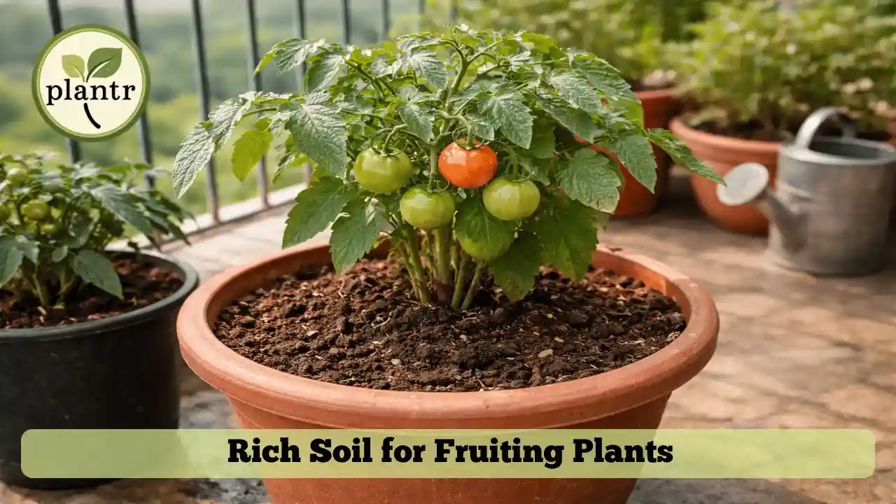 Tomato plant growing in nutrient-rich potting soil for vegetables