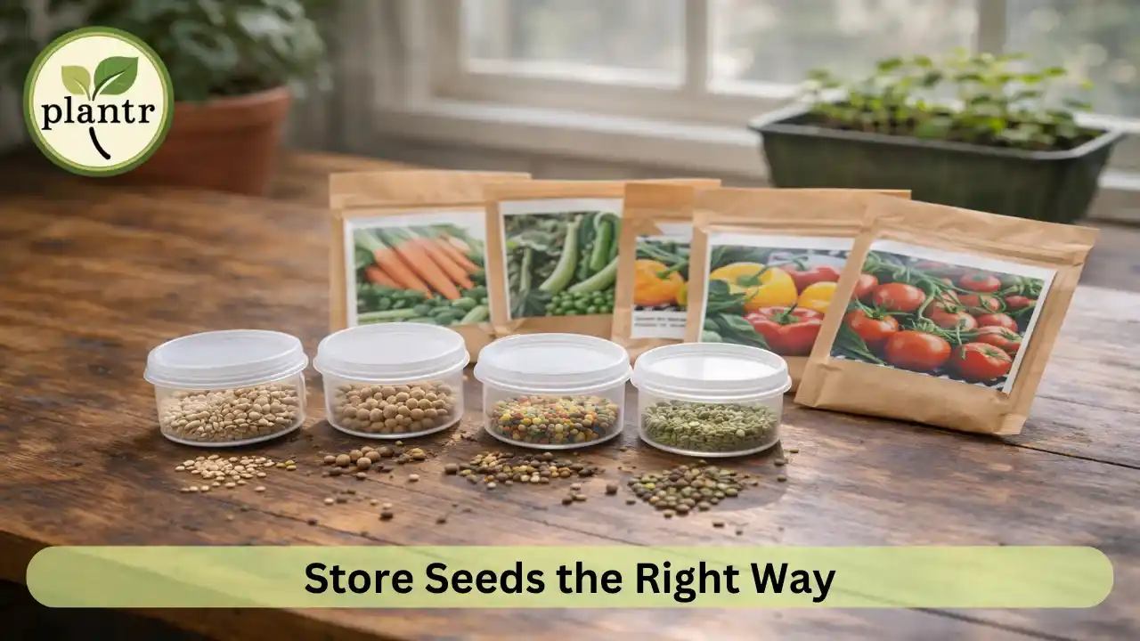 Vegetable seeds stored in airtight containers for maintaining germination quality