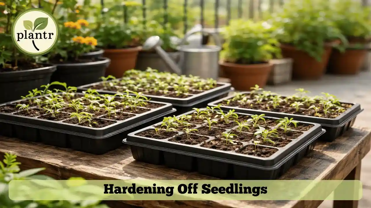 Young seedlings kept outdoors for hardening before transplanting