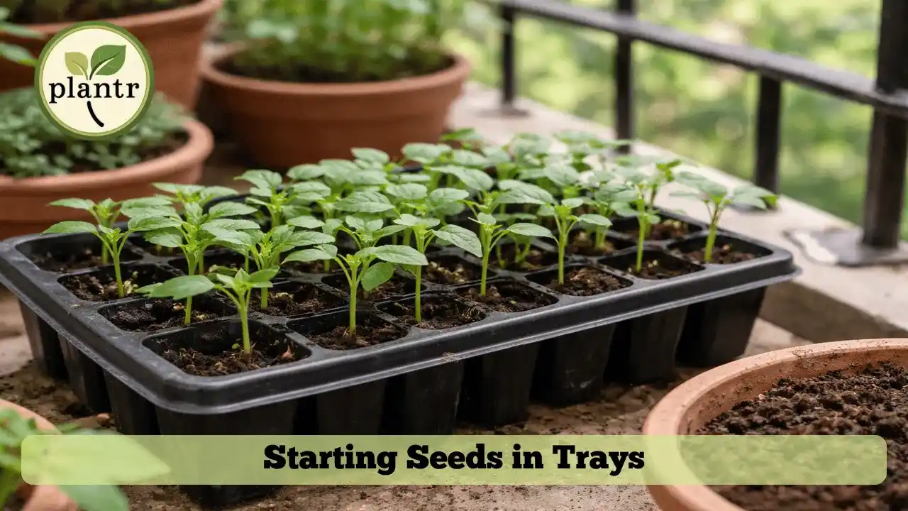 Young vegetable seedlings growing in a seed tray before transplanting