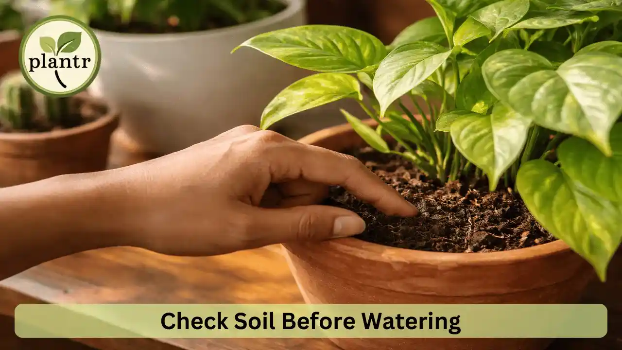 checking soil moisture to know when to water indoor plants