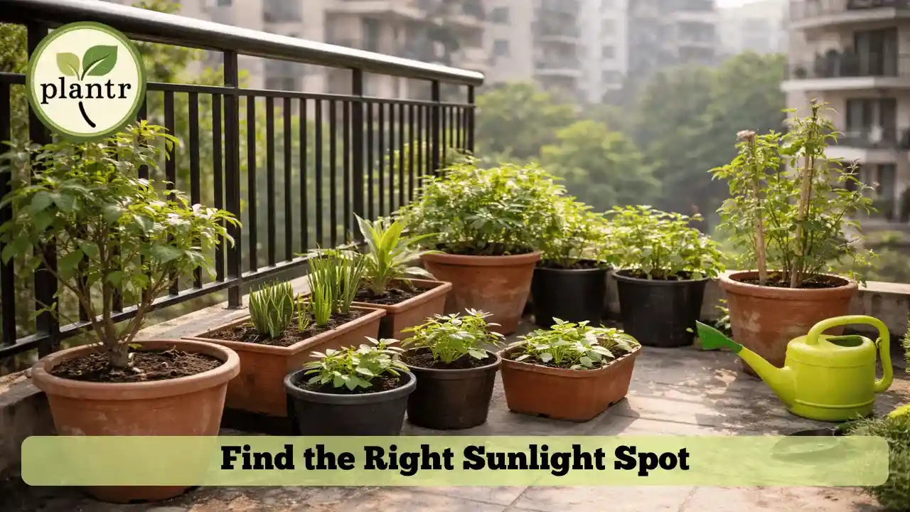 Small balcony gardening setup in India with pots placed in direct sunlight