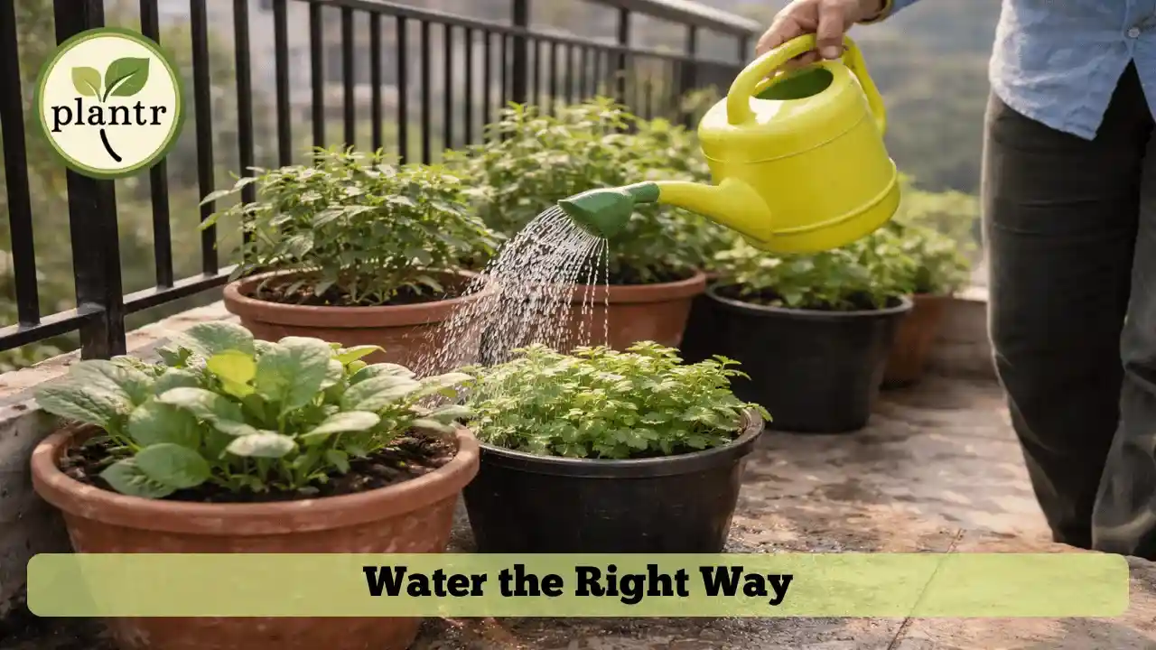Watering vegetable plants in balcony garden using proper technique