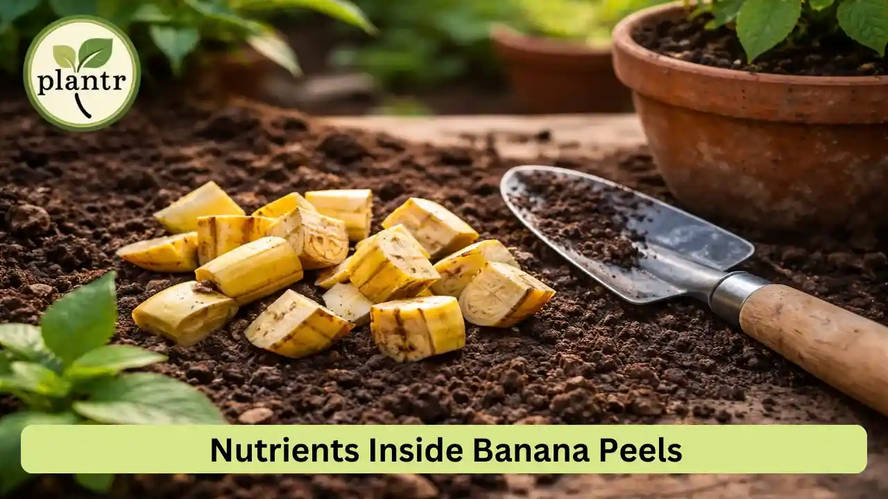 chopped banana peels on garden soil showing natural nutrients used in organic gardening