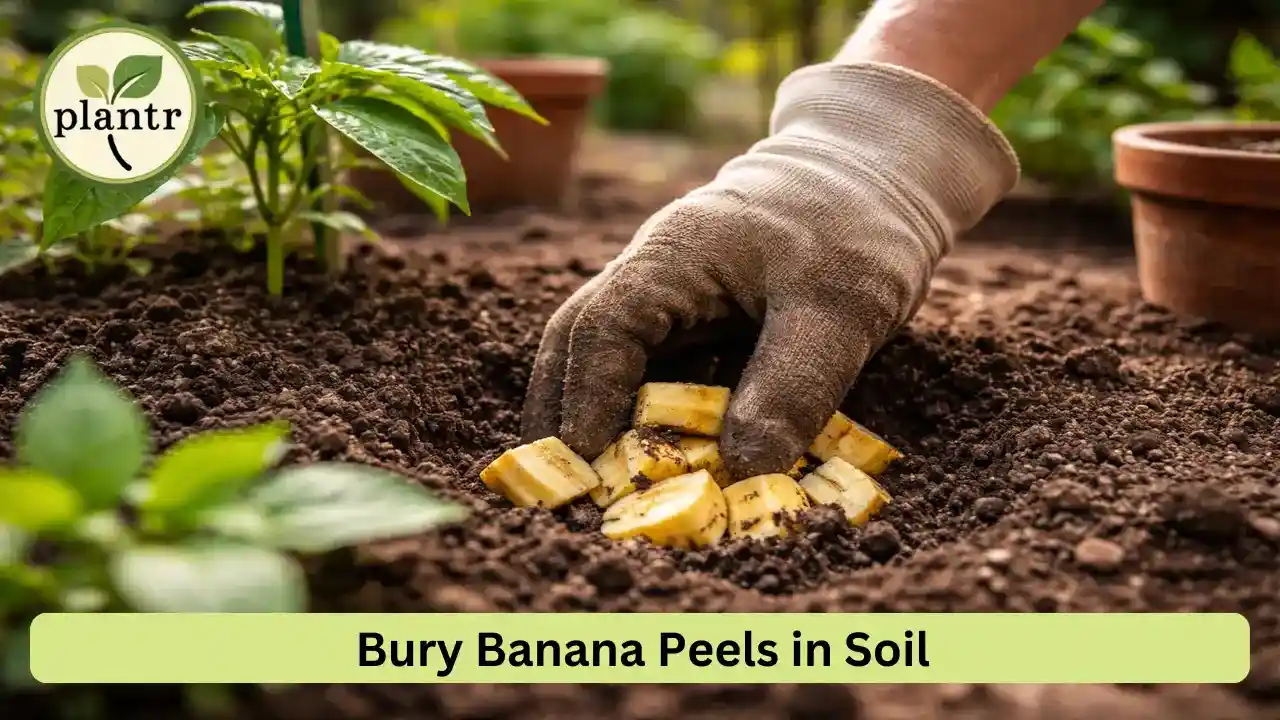 gardener burying banana peels in soil as a natural fertilizer method