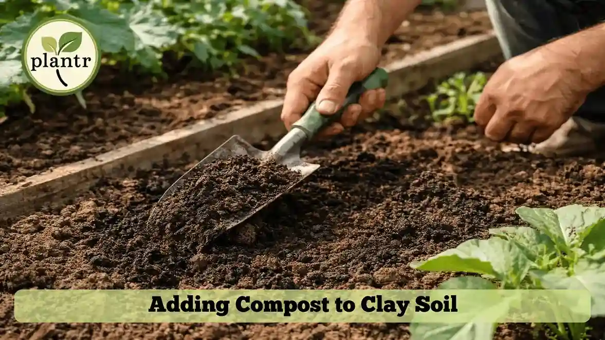 gardener mixing compost into clay soil to improve soil structure in vegetable garden