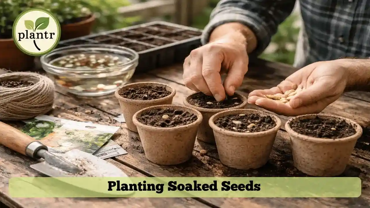 gardener planting pre soaked seeds into moist potting soil in containers