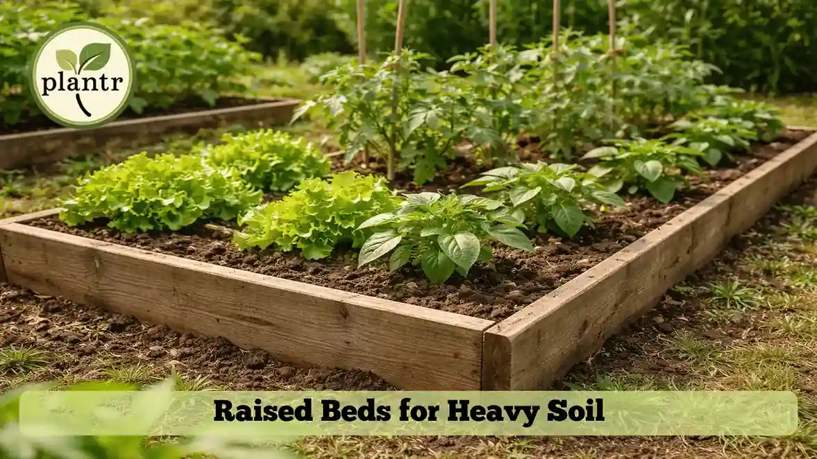 raised garden bed with vegetables growing in improved soil above clay ground