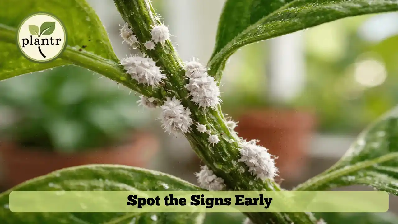 white cotton-like mealybugs on plant stems and leaf joints